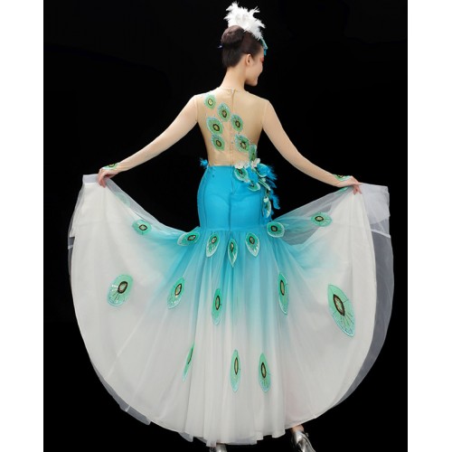 Women turquoise gradient colored chinese folk dance dresses Dai dance costumes Tailand Peacock belly dance art test dresses long-sleeved fishtail skirt for female